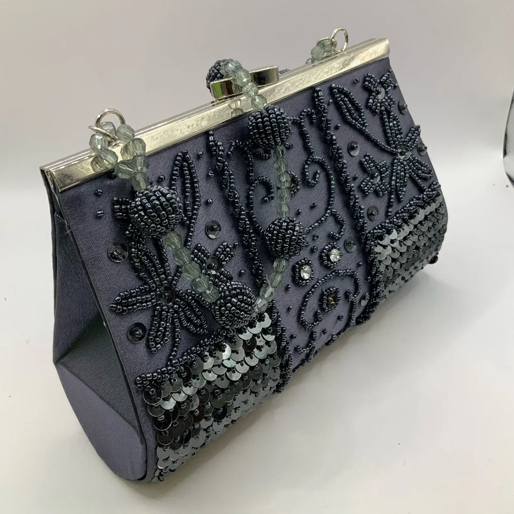 Bijoux Terner Vintage Sequins Embroidery Flower Beaded Handle Evening Clutch